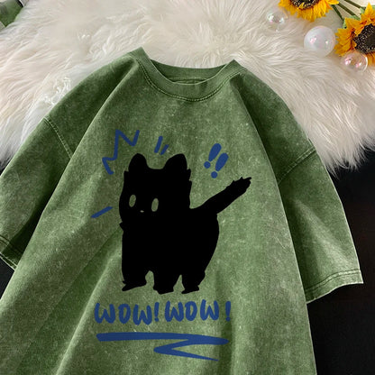 Vintage Water Washing T Shirts Wow Wow Fun Black Cat Tops Casual Hip Hop Short Sleeve Men Women Clothing Cotton Couple Tops