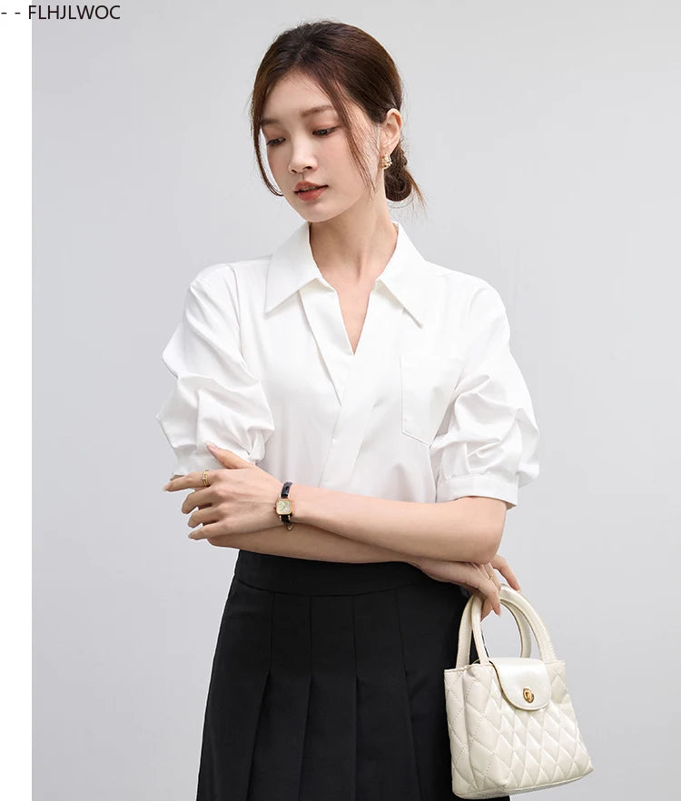 Office Lady Basics Fashion White Shirts New Women Summer Work Solid V Neck Tops Blouses French Design Interview Shirt Cotton