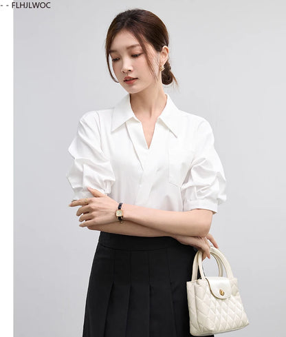Office Lady Basics Fashion White Shirts New Women Summer Work Solid V Neck Tops Blouses French Design Interview Shirt Cotton