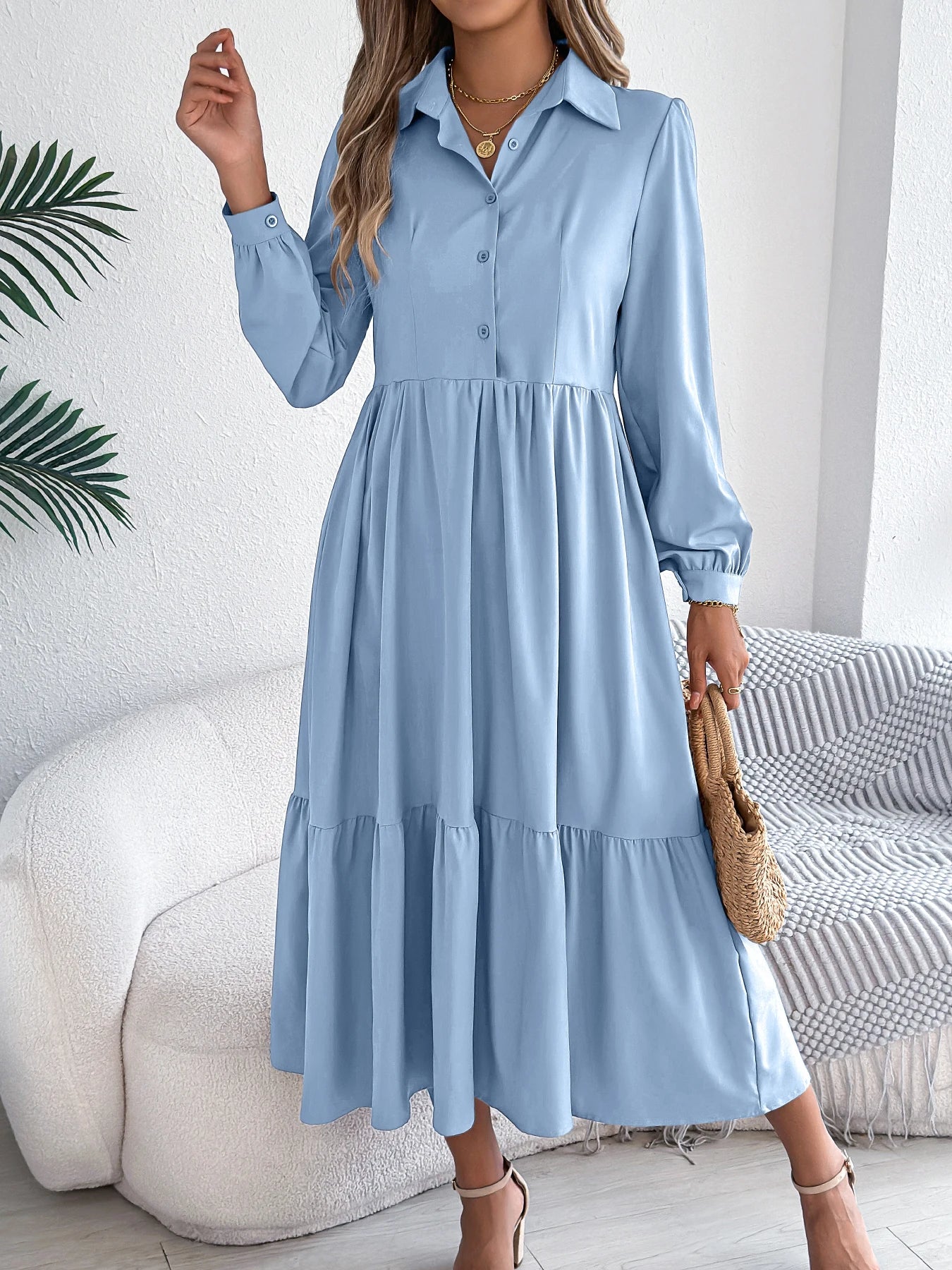 Casual Vacation Long Sleeved Turn-down Collar Single-Breasted Dress Spring Autumn Fashion Women's Clothing