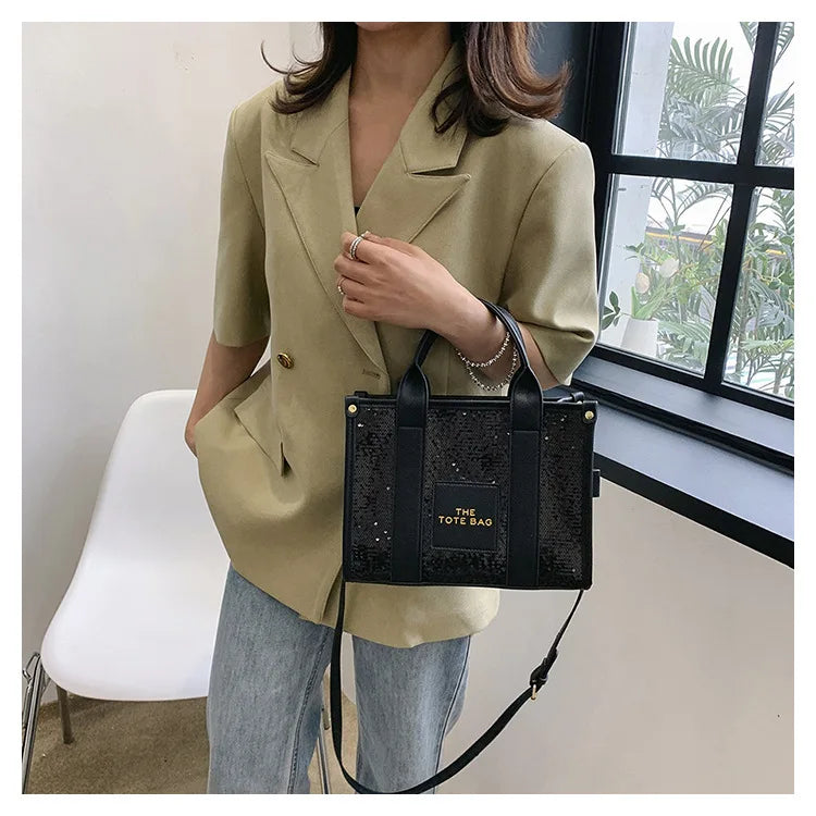 Women's Tote Bag Sequin Shoulder Bag PU Leather Large Capacity Luxury Designer The Tote Bag For Women Crossbody Bags 2024 New