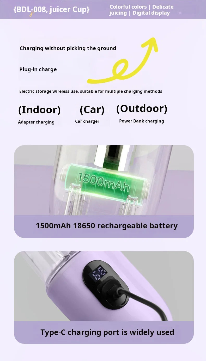 500ML Portable Blender with Lid Rechargeable Wireless Orange Juicer 16 Stainless Blades USB Smoothie Vegetables Fruits Mixer