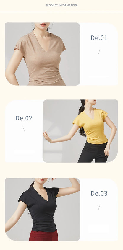 Modern Dance Clothes Women  V-Neck Seamless Short Sleeve T-Shirt Elegant Stage Costume Basic Training Tops Casual Summer Blouse