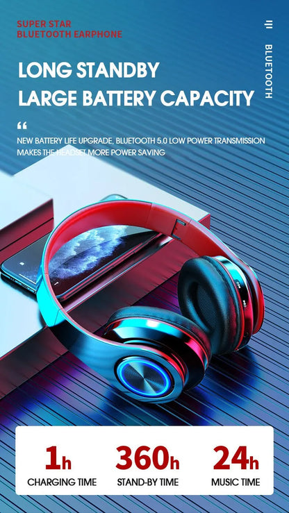 over-ear bluetooth headset wireless subwoofer headset folding card colorful luminous headset