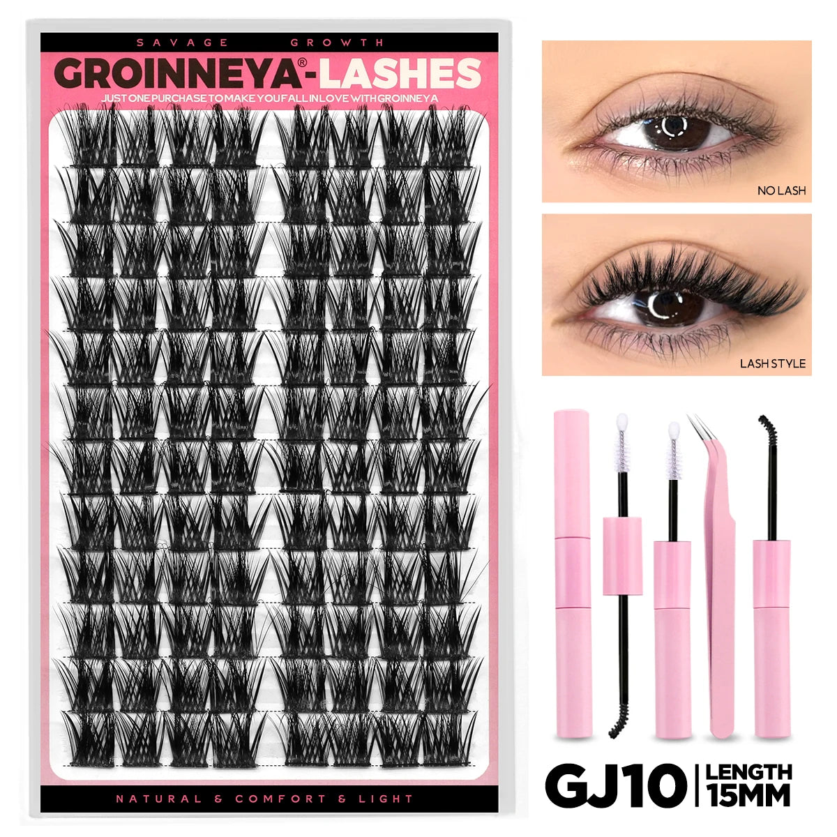 GROINNEYA Lash Clusters Kit DIY Lash Extension Volume Waterproof Individual Lashes Clusters Kit Lash Bond & Seal & Lash Tweezers