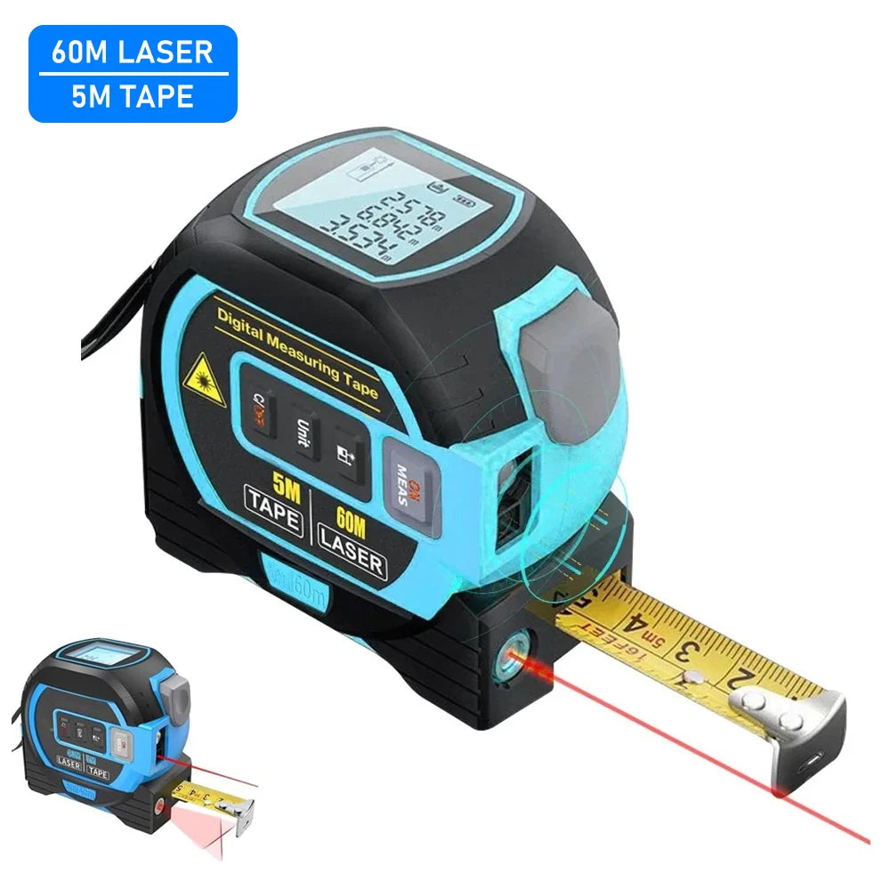 Laser Tape Measure Meter Building Measurement Device 3in1 Laser Rangefinder 5M Tape 60M Laser Measure with LCD Digital display
