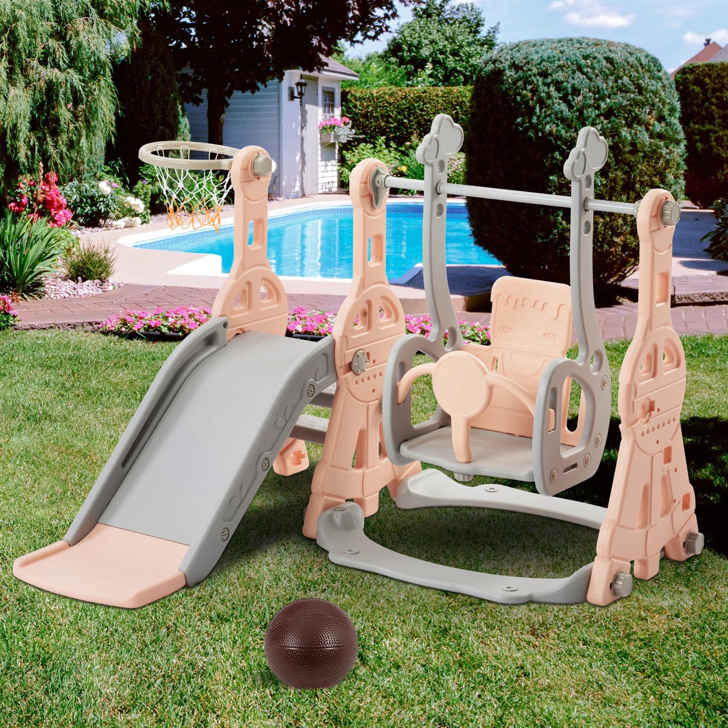 Comanlai Slide for children,4 in 1 children's slide swing with basketball stand,climbing ladder,swing slide garden
