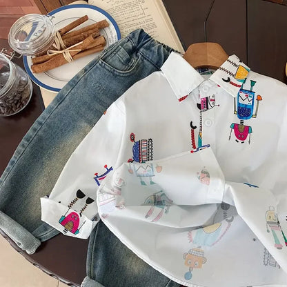 Baby Boys Blouses Toddler Lapel Blouse Kids Long-Sleeved Cotton Tops Full Printed Shirts 2025 Spring Autumn Children's Clothing