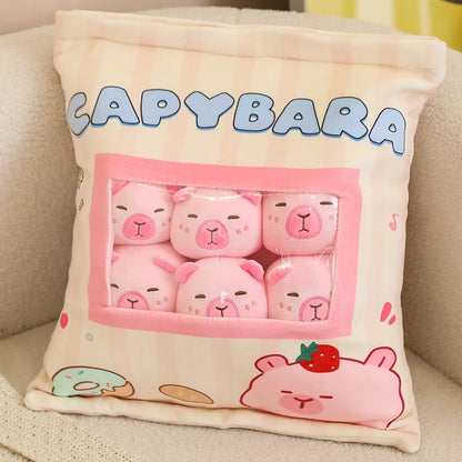 A Plushies Bag Pudding Toys Puff Balls Mini Cute Stuffed Animal Capybara Doll Removable Set Plush Pillow Snack Cushion Kids Gift