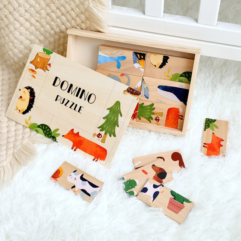 The Baby Montessori Domino Puzzle Toy Features Cartoon Patterned Dominoes With Smooth Edges That Are Super Fun For Babies