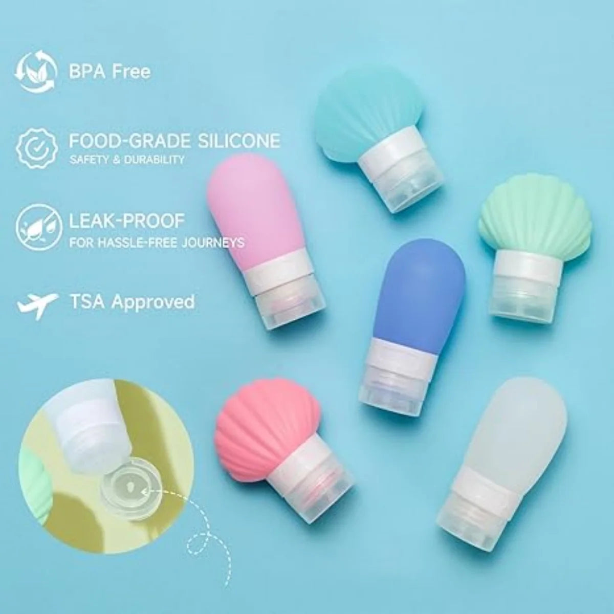 Leak Proof Squeezable Silicone Travel Bottles, Reusable, Refillable Bottles, Shell Shape
