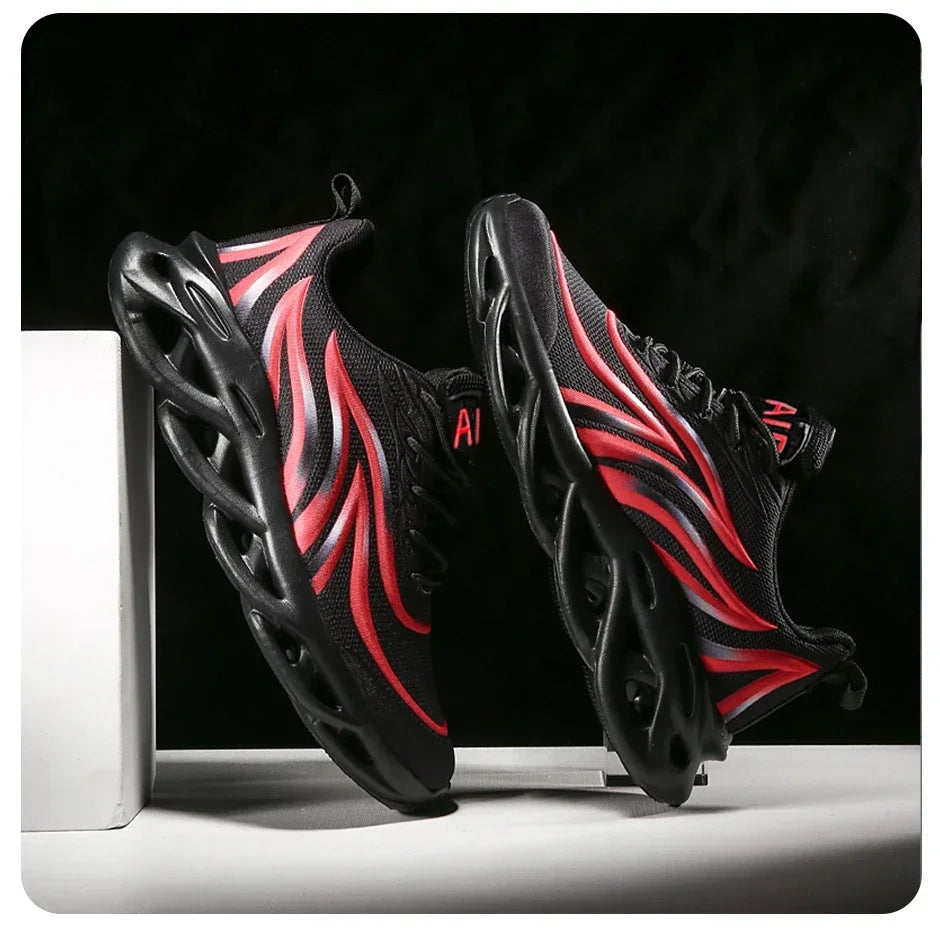 Stylish Running Shoes Men's Flame Printed Sneakers Knitted Sneakers Blade Cushioned Jogging Sneakers Lightweight Tenis Masculino