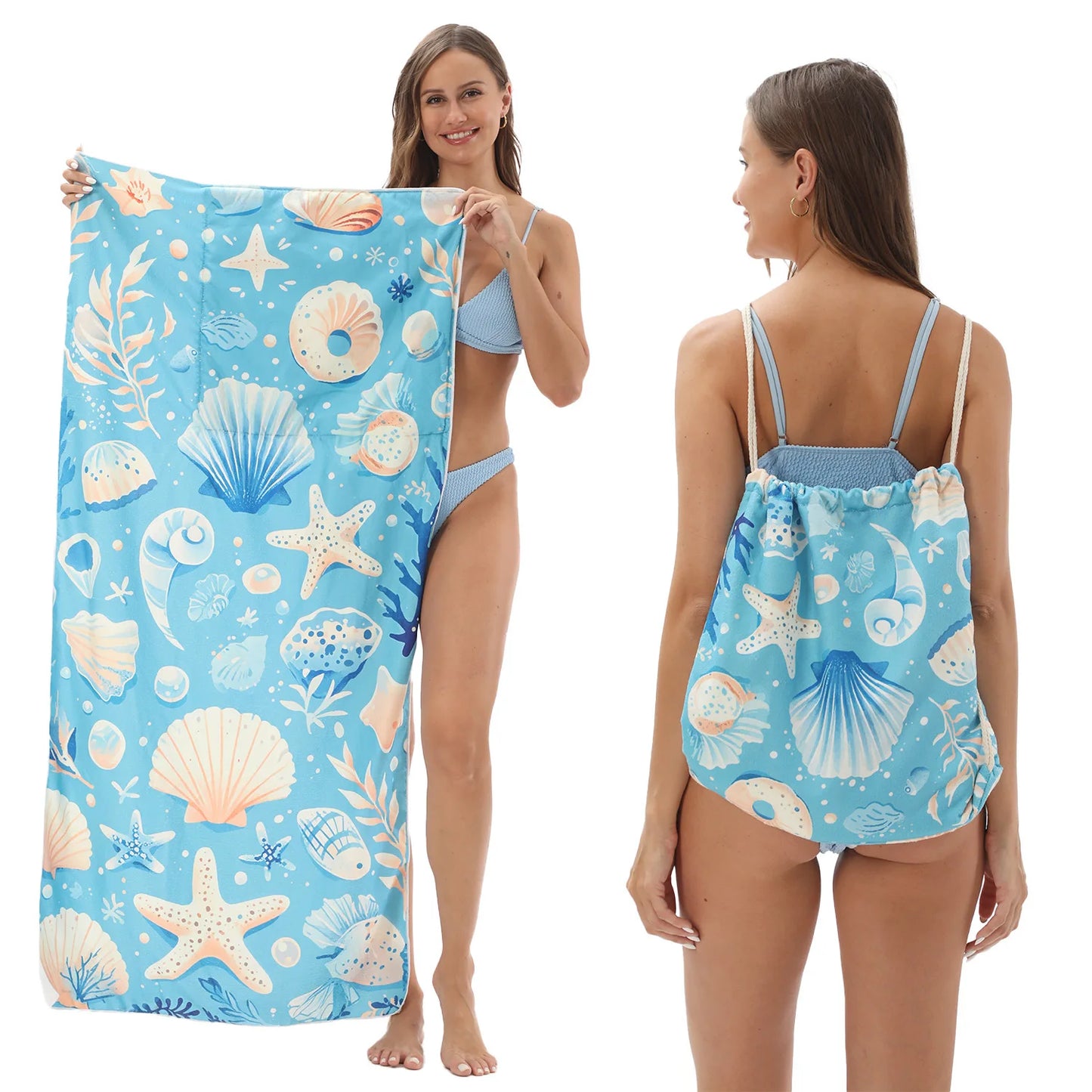 Fashion 2-in-1 Foldable Beach Towel with Integrated Bag Printed Bath Towel for Storage Portable Beach Accessory