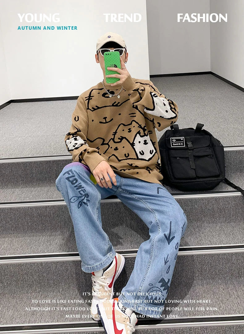 Autumn Cotton Anime Sweaters Men Retro Harajuku Vintage Oversized Sweaters Loose Cute Cartoon Cat Pullovers Homme Men Clothing