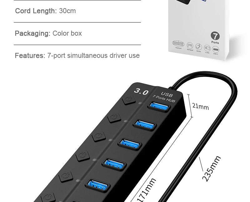 USB 3.0 Power Adapter 7 Port Multi USB Splitter Hub USB Hub 2.0 USB Multiple Expander Switch 30CM Cable Hub Docking Stations