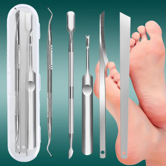 5pcs Stainless Steel Foot Care Tool Set, Exfoliation Tools, Dead Skin and Nail Edge Maintenance, Portable Travel Box Packaging