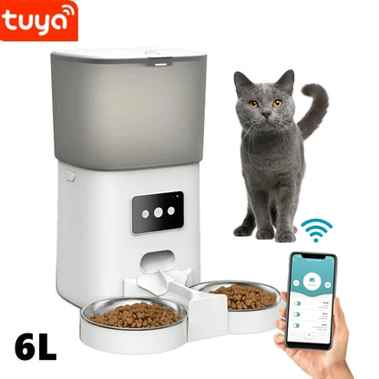Tuya Automatic Pet Feeder 6L Capacity Food Quantitative Dispense Double Stainless Steel Bowl Record Time Feed Remote APP Control