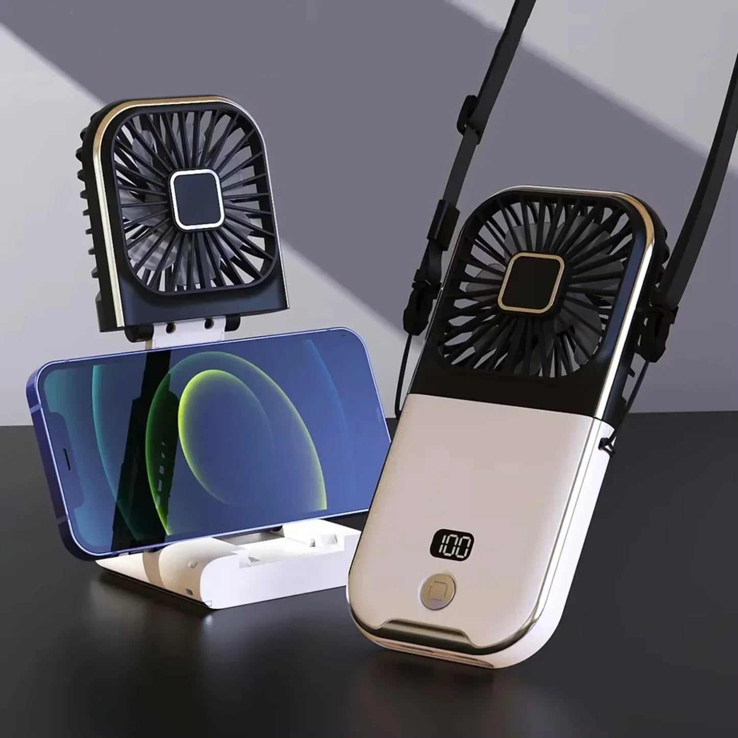 Folding handheld fan USB charging digital display outdoor mini neck hanging power bank fan，gift