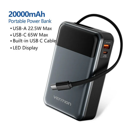 Vention 65W Portable Power Bank 20000mAh PD Fast Charging with Built-in USB Type-C Cable for Laptops iPhone 16 15 14 13 Pro Max