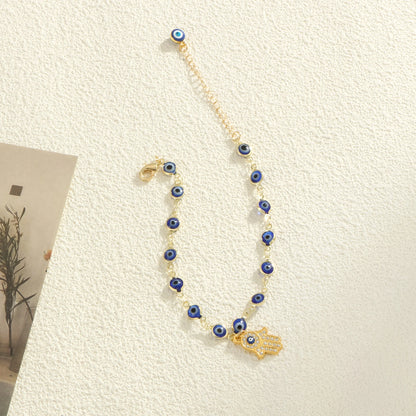 Devil's Eye Fatima's Hand Set Zircon Pendant Women's Tropical Beach Wind Copper Plated Golden Jewelry Gift Banquet Feet Chain