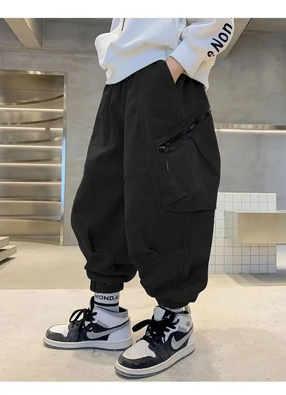 Boys Spring Autumn Children's Clothing Cargo Pants Children's Casual Large Size Sweatpants Boys Fashion Fake Zippers Cargo Pants