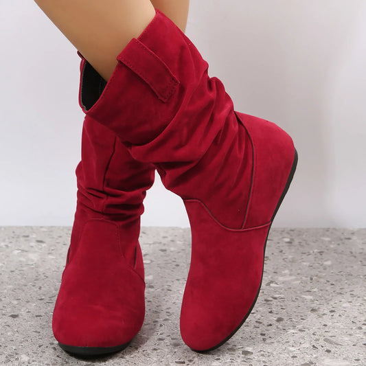 Womens Heel Boots Mid Calf Ladies Fashion Solid Colour Simple Round Toe Suede Flat Bottom Sleeve Cowboy Boots Women with Crosses