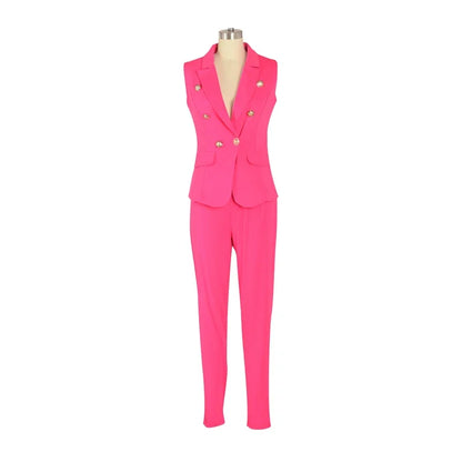 Business OL Work Wear Two Piece Pant Suits for Women Set Elegant Sleeveless Blazer Top + Pencil Pants Office Lady Matching Sets