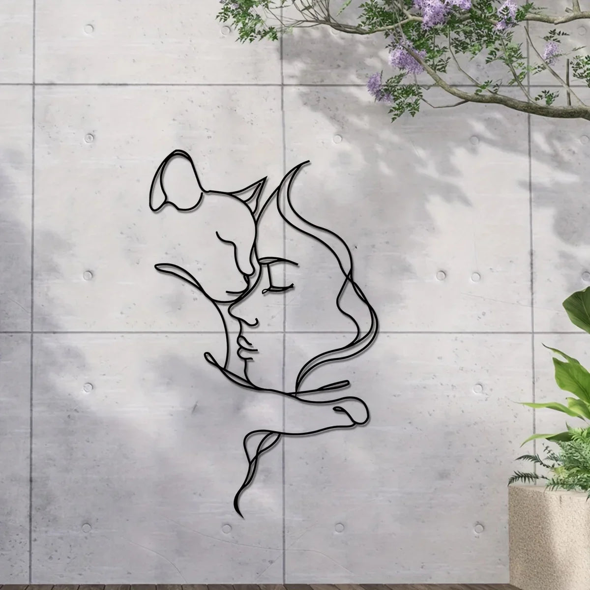Elegant Cat and Woman Metal Wall Art - Minimalist Black Silhouette, Ideal for Cat Lovers & Sophisticated Home Décor