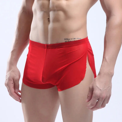 Mens Sexy Underwear Wet Look Lingerie Breathable Pouch Boxer Shorts Side Split Trunks Quick Dry Underpants Ultra Thin Panties