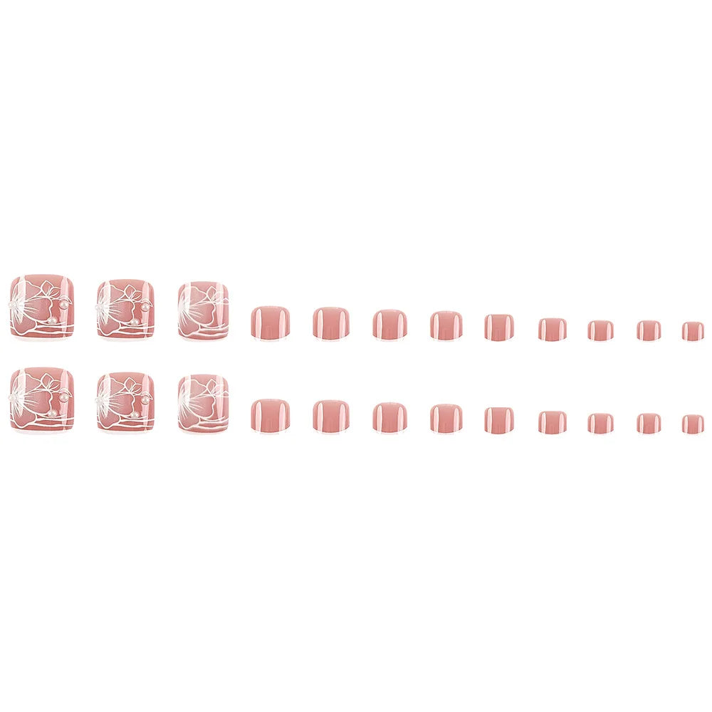 24 Pcs French Design Fake Toe Nail Press on Toe Nail Summer False Nails Acrylic Reusable Toe Nail Decorated Nails With Tool Kit