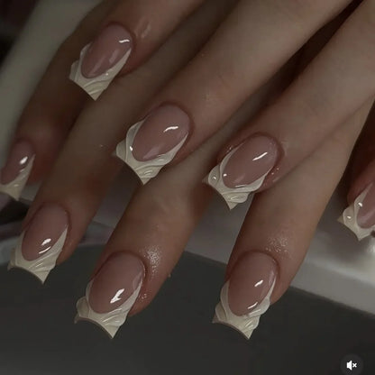 24pcs Press on Nails Short Almond Bowknot Black Press on Nails White Pearl Sweet French Tip Press on Nails Cute Nail Artificial