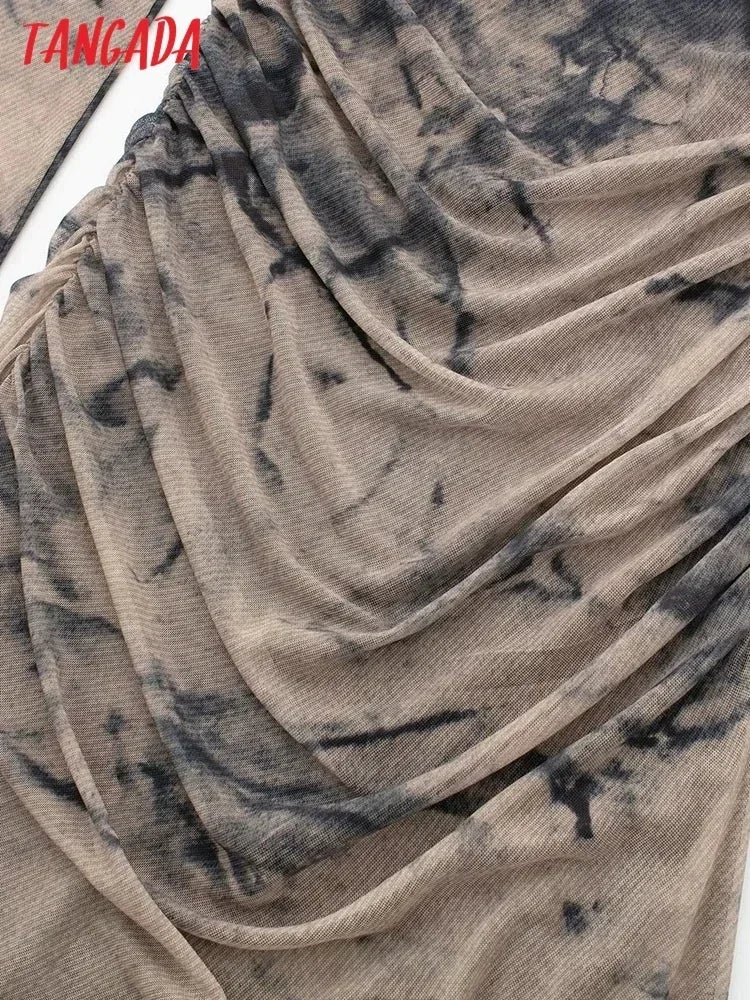 Tangada 2024 Women Print Pleated Mesh Dress Long Sleeve Sexy Famle Stand Collar Maxi Dresses 3H406