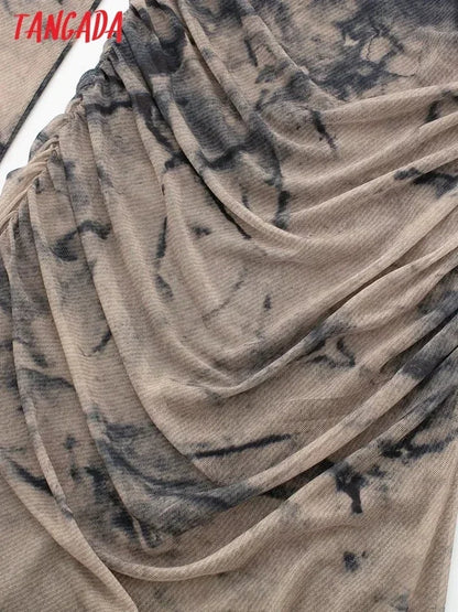 Tangada 2024 Women Print Pleated Mesh Dress Long Sleeve Sexy Famle Stand Collar Maxi Dresses 3H406