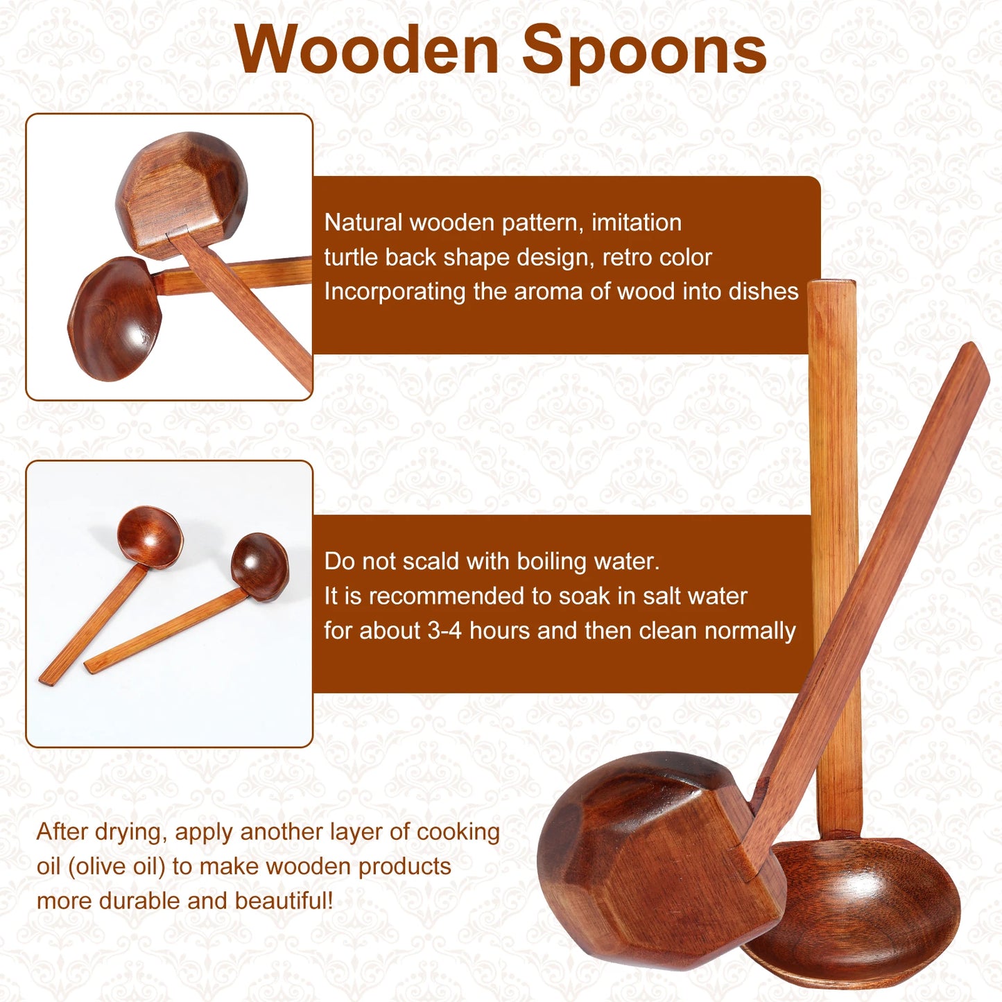 10PCS Wood Soup Spoon with Long Handle Japanese Style Ramen Spoon Large Hot Pot Spoon Tortoise Shell Spoon Serving Spoon