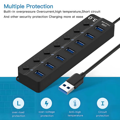 USB 3.0 Power Adapter 7 Port Multi USB Splitter Hub USB Hub 2.0 USB Multiple Expander Switch 30CM Cable Hub Docking Stations