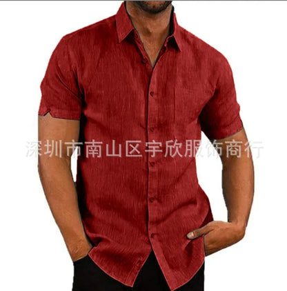 Men Pocket Blouse Tops Summer Male Turn Down Collar Button Short Sleeve Slim Solid Color Blouse Shirts YYCFS-19505