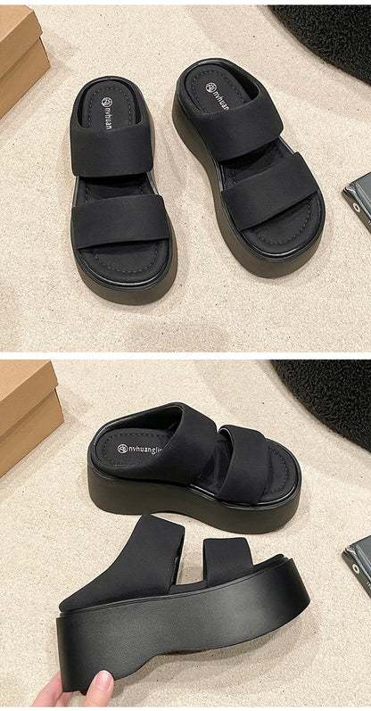 Summer 2023 Chunky Sandals Women's Thick Bottom Wedge Heels Slides 8CM High Heels Platform Leather Casual Beach Flip Flops Woman