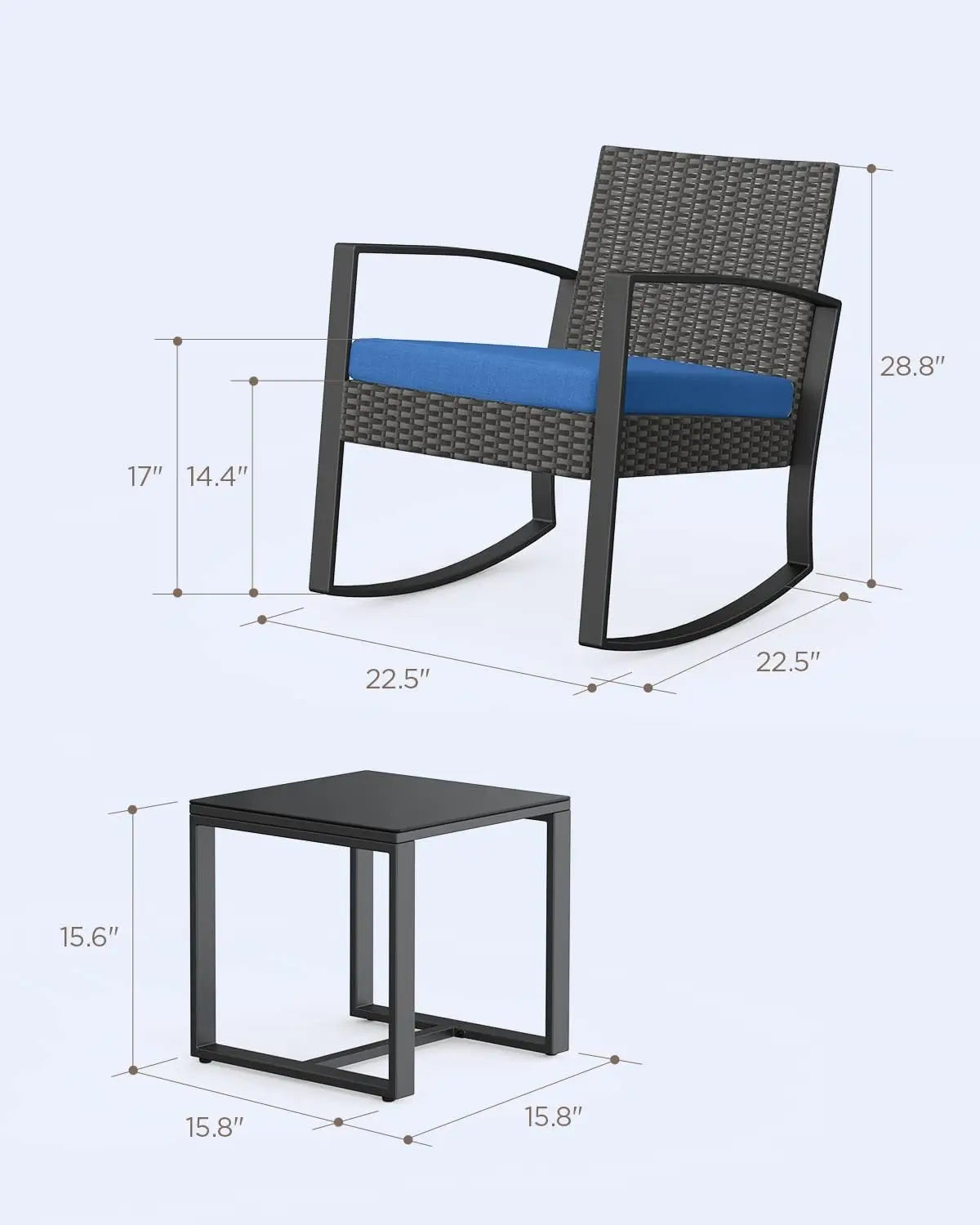 3 Pieces Patio Furniture Set Rocking Bistro Set Outdoor Rattan Conversation with Coffee Table for Garden Balcony Backyard