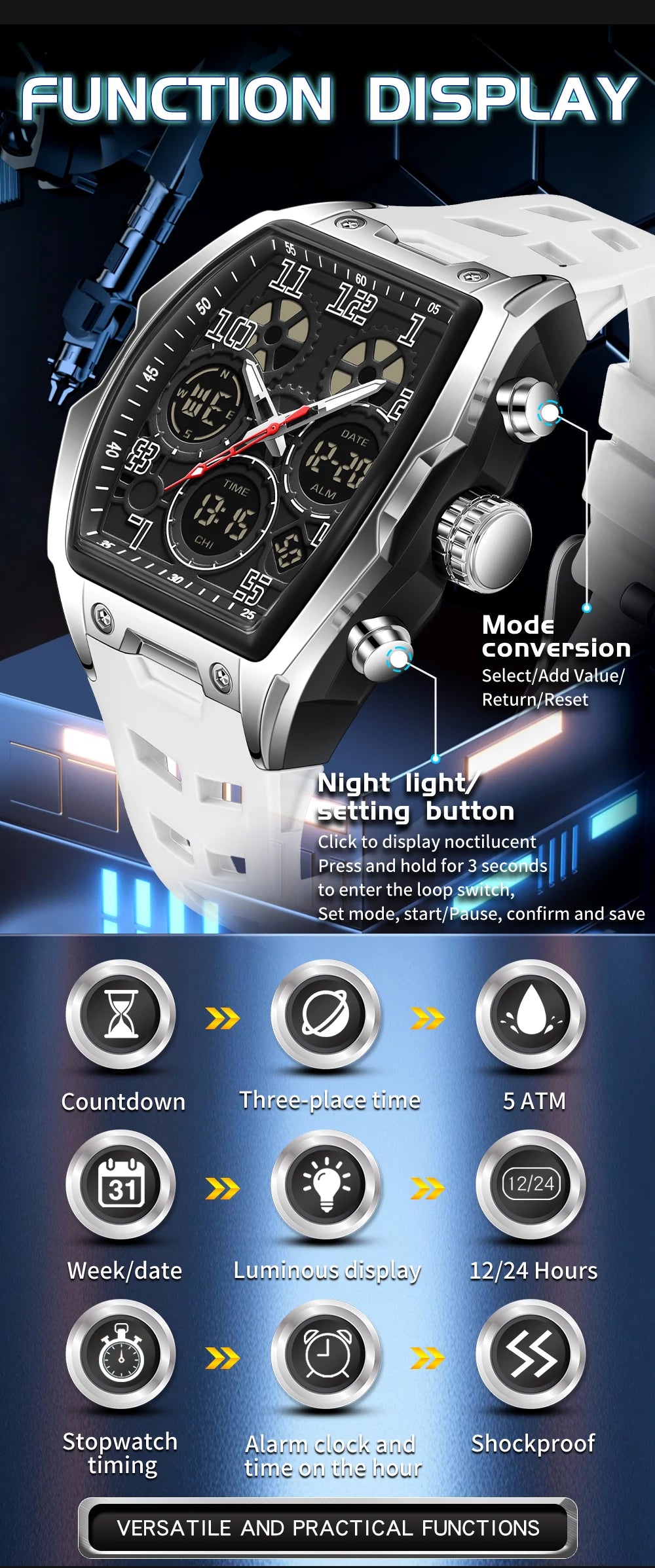 SADNA 6266 Popular Student Watch Wine Barrel Curved Mirror Alarm Clock Timer Waterproof Student Electronic Watch 2025