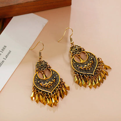 Ethnic Tibetan Silver Heart Shaped Flower Tassel Earrings Metal Alloy Pendant Jewelry Women's Vintage Bohemian Earrings