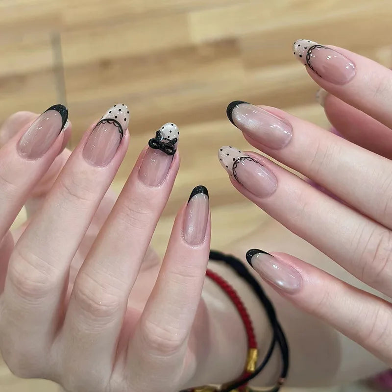 24Pcs Almond Pure Handmade Press On Nails Full Cover Butterfly French Pearl Diamond False Nails Wearable Manicure Nail Tips Art