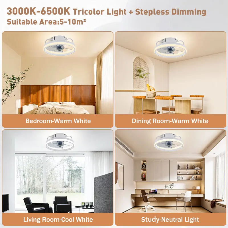 Smart Bedroom Ceiling Fans with Remote Control Low Profile 33CM 55W Dimmable LED Ceiling Fan with Lights  6 Wind Speeds Timing