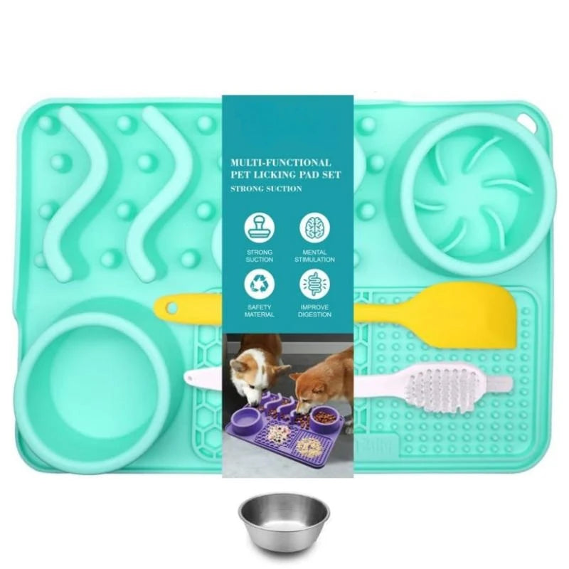 Slow Feeder Mat for Pets - Non-Toxic Silicone (Turquoise) Upgraded Anxiety and Boredom Relief Tool with Aluminum Bowl,17x11x2 in