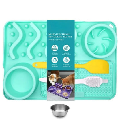 Slow Feeder Mat for Pets - Non-Toxic Silicone (Turquoise) Upgraded Anxiety and Boredom Relief Tool with Aluminum Bowl,17x11x2 in