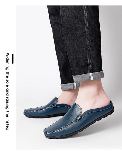 Closed Toe Half Shoes for Men Black Blue Mules Slippers Slip on Genuine Cowhide Leather Luxury Flat Sandals Man Summer 2025