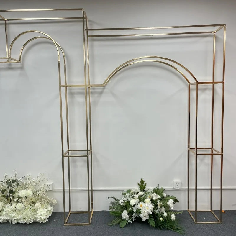 Shiny Gold-Plated Square Screen Backdrop Shelf, Wedding Arch, Geometric Flower, Door Stand, Artificial Flor, 2.2m, 3Pcs