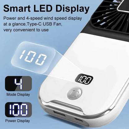 Folding handheld fan USB charging digital display outdoor mini neck hanging power bank fan，gift