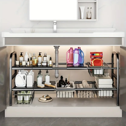 1 Set Multi-Use Kitchen Under Bathroom Sink Organizers - Expandable Cabinet Shelf Organizer Storage Rack