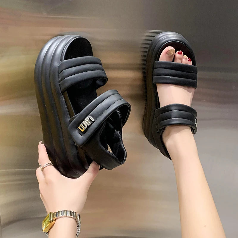 2025 Summer Women Chunky Sandals Leather High Platform Trainers Breathable Casual Slippers Shoes Woman 8.5CM Heels Wedge Sneaker