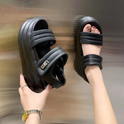 2025 Summer Women Chunky Sandals Leather High Platform Trainers Breathable Casual Slippers Shoes Woman 8.5CM Heels Wedge Sneaker